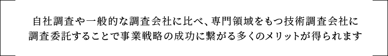 自社調査や一般的な調査会社に比べ、専門領域をもつ技術調査会社に調査委託することで事業戦略の成功に繋がる多くのメリットが得られます